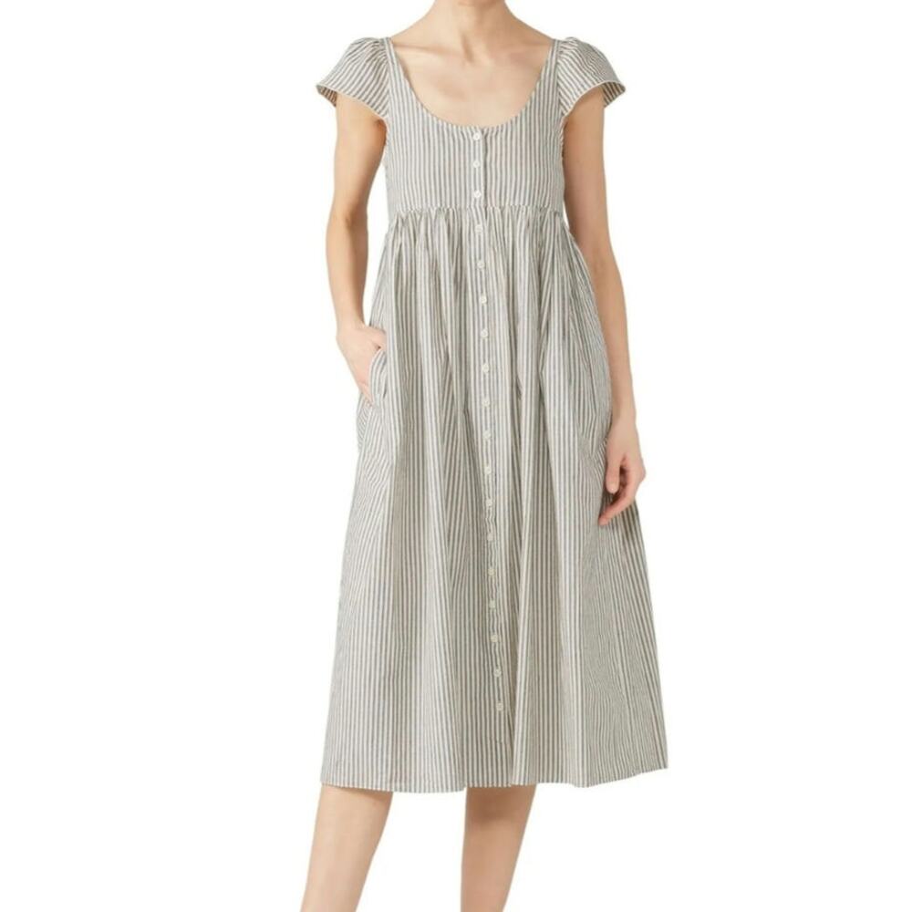 THE GREAT. Striped Scoop-Neck Midi Dress in Ivory and Black